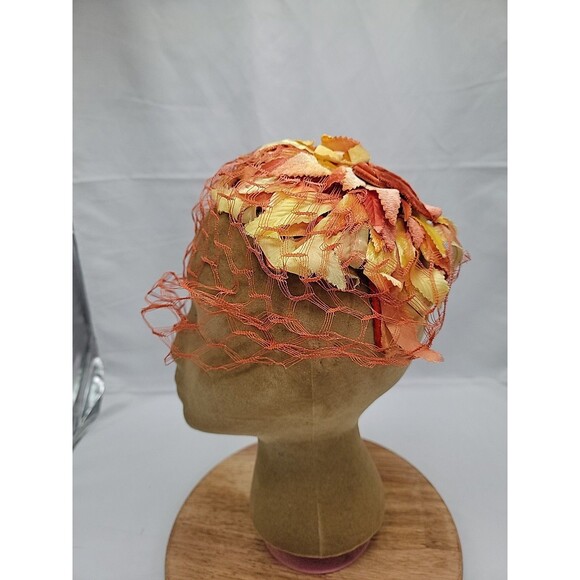 Womens Vintage 1950\'s Orange/Yellow Floral Velvet Hat